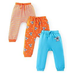 Babyhug Cotton Knit Full Length Diaper Leggings with Stripes & Koala Print Pack of 3 - Blue & Orange