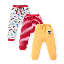 Babyhug Cotton Knit Full Length Striped  Diaper Pants with Space Theme Print Pack of 3 - Multiclour