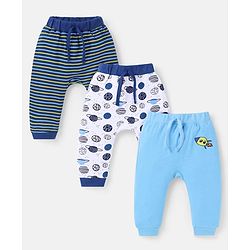 Babyhug Cotton Knit Full Length Diaper Leggings With Stripes & Space Theme Print Pack Of 3 - Navy White & Light Blue