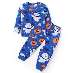 Babyhug Cotton Knit Full Sleeves Night Suit With Halloween Theme - Navy Blue