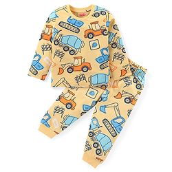 Babyhug Cotton Knit Full Sleeves Night Suit With Vehicles Print - Yellow