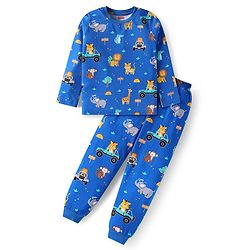 Babyhug Cotton Knit Full Sleeves Night Suit With Animals Print - Blue