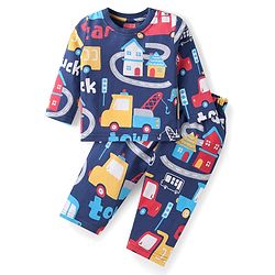 Babyhug Cotton Knit Full Sleeves Night Suit With Vehicle Print - Blue