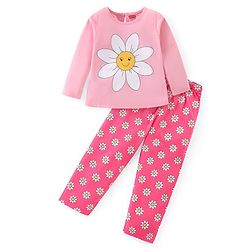 Babyhug Cotton Knit Full Sleeves Floral Printed Night Suit - Pink