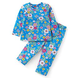Babyhug Cotton Knit Full Sleeves Night Suit With Floral Print - Blue