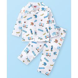 Babyhug Cotton Knit Full Sleeves Night Suit With Skate Print - White