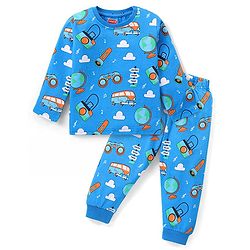 Babyhug Cotton Knit Full Sleeves Night Suit With Vehicle Print - Blue