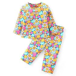 Babyhug Cotton Knit Full Sleeves Night Suit With Floral Smiley Print - Multicolor