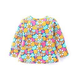 Babyhug Cotton Knit Full Sleeves Night Suit With Floral Smiley Print - Multicolor