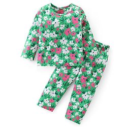 Babyhug Cotton Knit Full Sleeves Night Suit With Floral Print - Green