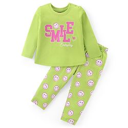 Babyhug Cotton Knit Full Sleeves Night Suit With Smiley Emoticons Print - Green