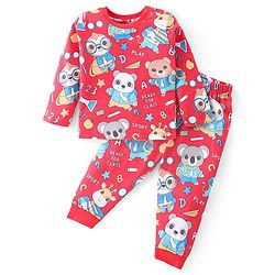 Babyhug Cotton Knit Full Sleeves Night Suit with Bear Print - Red