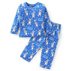 Babyhug Cotton Knit Full Sleeves Night Suit with Bunny Print - Blue