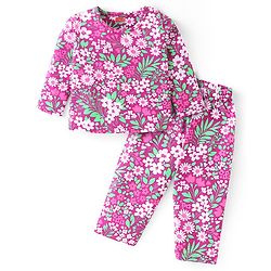 Babyhug Cotton Knit Full Sleeves Night Suit with Floral Print - Pink
