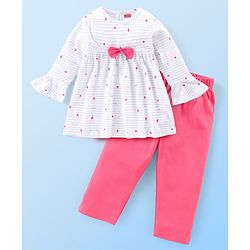 Babyhug Cotton Knit Full Sleeves Night Suit with Star Print & Bow Detailing - White & Pink