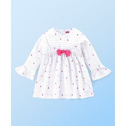 Babyhug Cotton Knit Full Sleeves Night Suit with Star Print & Bow Detailing - White & Pink