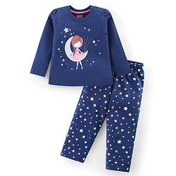 Babyhug Cotton Knit Full Sleeves Night Suit With Doll & Stars Print - Navy