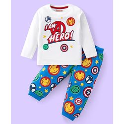 Babyhug Marvel Single Jersey Knit Full Sleeves Night Suit With Avengers Graphics - White & Blue