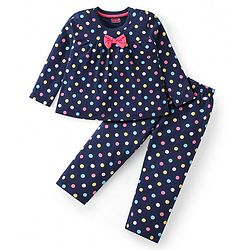 Babyhug Cotton Knit Full Sleeves Night Suit with Bow Applique & Polka Dots Print - Navy Blue