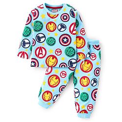 Babyhug Marvels Single Jersey Knit Full Sleeves Night Suit with Avengers Print - Blue
