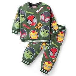 Babyhug Marvel Terry Knit Full Sleeves T-Shirt & Lounge Pant Set With Spidey & Friends Graphics - Green
