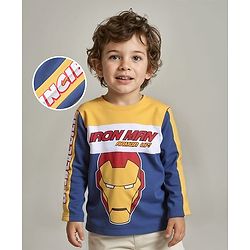 Babyhug Marvel Single Jersey Knit Full Sleeves T-Shirt with Iron Man Print - Blue & Yellow