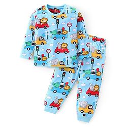 Babyhug Cotton Knit Full Sleeves Night Suit with Vehicle & Animal Print - Blue