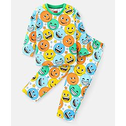 Babyhug Cotton Knit Full Sleeves Night Suit With Smiley Print - Multicolor