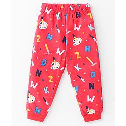 Babyhug Cotton Knit Full Sleeves Night Suit With Alphabets & Numbers Print - Red