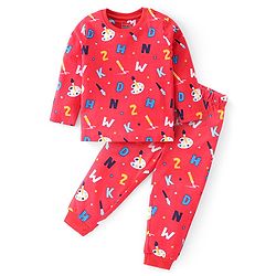 Babyhug Cotton Knit Full Sleeves Night Suit With Alphabets & Numbers Print - Red
