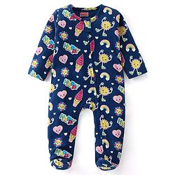 Babyhug Cotton Knit Full Sleeves Sleepsuit With Doodles Print - Navy