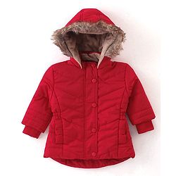 Babyhug Woven Full Sleeves Solid Colour Padded Hooded Winter Jacket with Pockets - Red