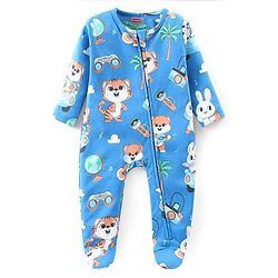 Babyhug Cotton Knit Full Sleeves Sleep Suit With Cute Animals Print - Blue