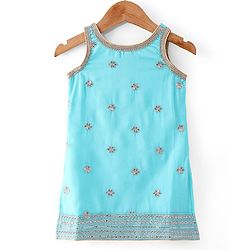 Babyhug Georgett Woven Sleeveless Sequined Embroidered Kurta Gharara Set with Dupatta  & Lace Detailing - Light Blue