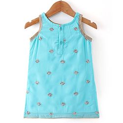 Babyhug Georgett Woven Sleeveless Sequined Embroidered Kurta Gharara Set with Dupatta  & Lace Detailing - Light Blue