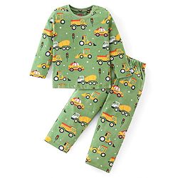 Babyhug Cotton Knit Full Sleeves Night Suit With Vehicles Print - Green
