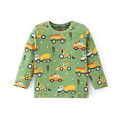 Babyhug Cotton Knit Full Sleeves Night Suit With Vehicles Print - Green