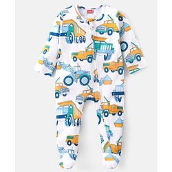 Babyhug Cotton Knit Full Sleeves Footed Sleepsuit with Vehicle Print- White