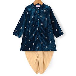 Babyhug Woven Full Sleeves Sequined Floral Embroidered Velvet  Kurta & Dhoti Set - Navy Blue