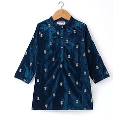 Babyhug Woven Full Sleeves Sequined Floral Embroidered Velvet  Kurta & Dhoti Set - Navy Blue