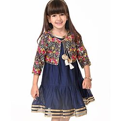 Babyhug Woven Solid Dress With Three Fourth Sleeves Embroidered Jacket & Tassle Detailing - Navy Blue
