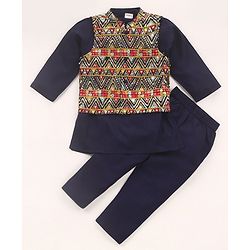 Babyhug  Woven Full Sleeves Kurta Pyjama Set & Nehru Jacket with Sequin Embroidery Detailing - Navy Blue & Red