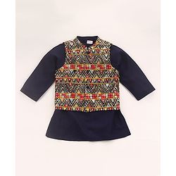 Babyhug  Woven Full Sleeves Kurta Pyjama Set & Nehru Jacket with Sequin Embroidery Detailing - Navy Blue & Red