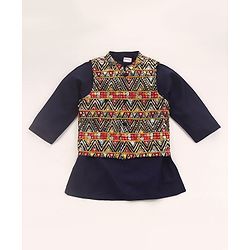 Babyhug  Woven Full Sleeves Kurta Pyjama Set & Nehru Jacket with Sequin Embroidery Detailing - Navy Blue & Red