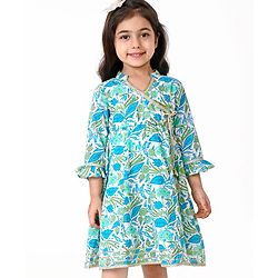 Babyhug Cotton Woven Cambric Three Fourth Sleeves Overlap Ethnic Dress with Floral Print & Tassle Detailing -  Blue