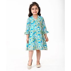 Babyhug Cotton Woven Cambric Three Fourth Sleeves Overlap Ethnic Dress with Floral Print & Tassle Detailing -  Blue