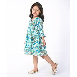 Babyhug Cotton Woven Cambric Three Fourth Sleeves Overlap Ethnic Dress with Floral Print & Tassle Detailing -  Blue