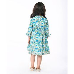 Babyhug Cotton Woven Cambric Three Fourth Sleeves Overlap Ethnic Dress with Floral Print & Tassle Detailing -  Blue