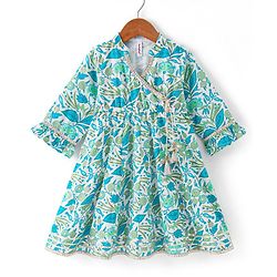 Babyhug Cotton Woven Cambric Three Fourth Sleeves Overlap Ethnic Dress with Floral Print & Tassle Detailing -  Blue