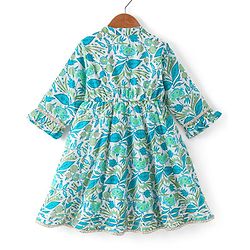 Babyhug Cotton Woven Cambric Three Fourth Sleeves Overlap Ethnic Dress with Floral Print & Tassle Detailing -  Blue